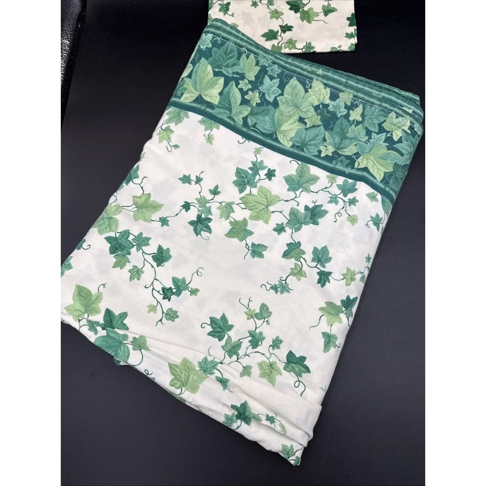 Vintage Tablecloth Repurposed From Twin Sheet, Napkins, Green Ivy